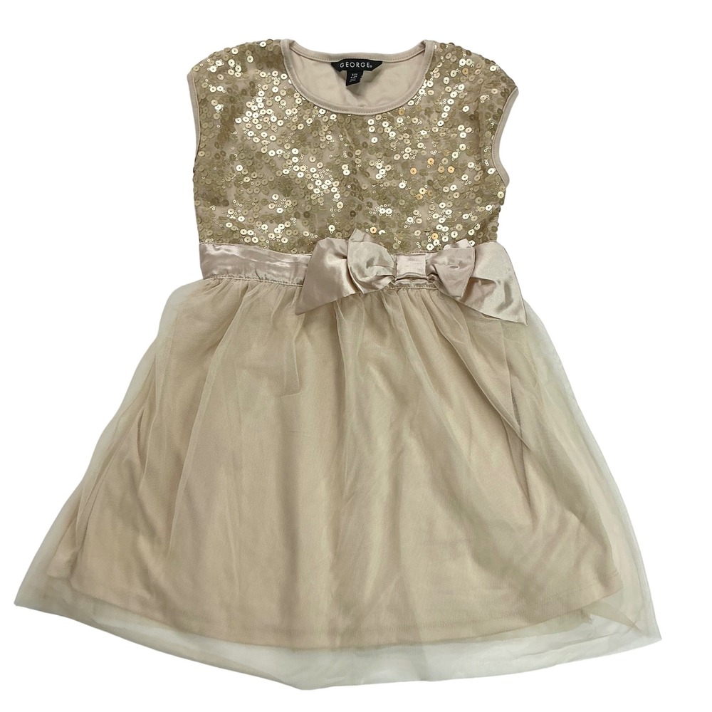 George Nude Sequin Tulle Party Dress Kids 6-6X Sleeveless Gold Bow